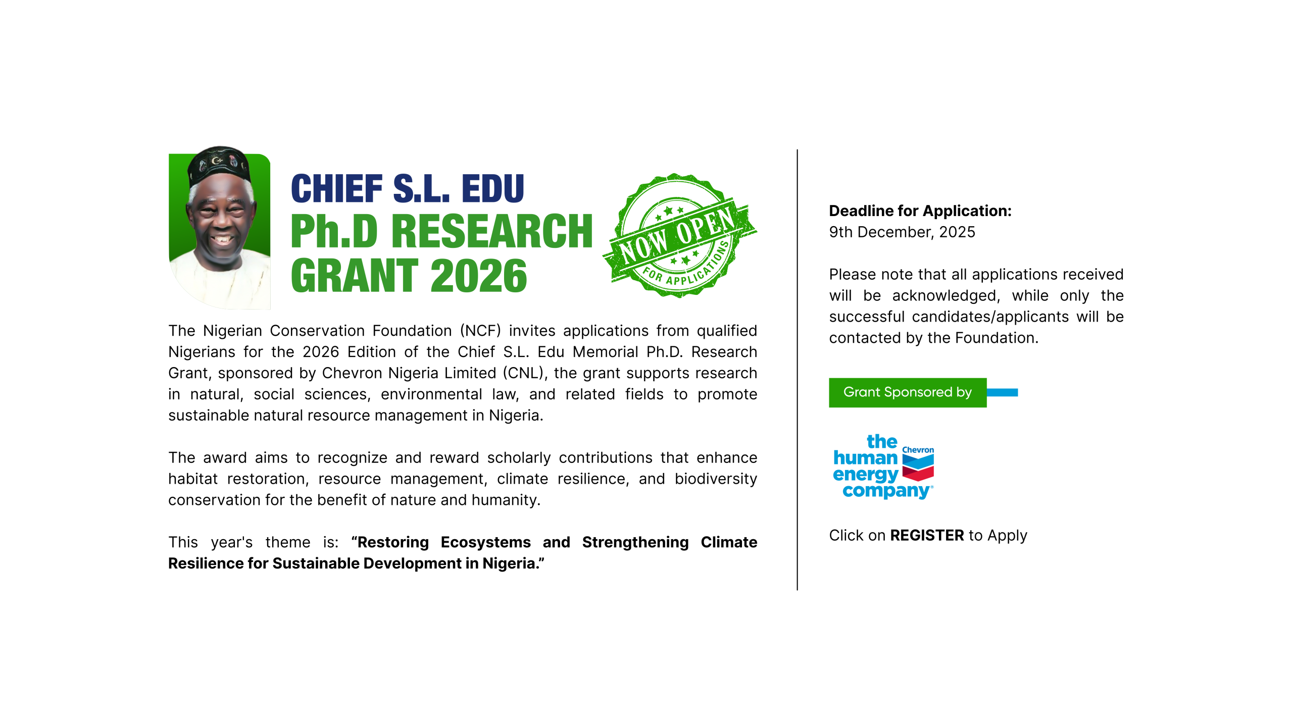 Nigerian Conservation Foundation (NCF) Chief S.L. Edu Ph.D. Research Grant 2026 for Nigerian PhD Candidates